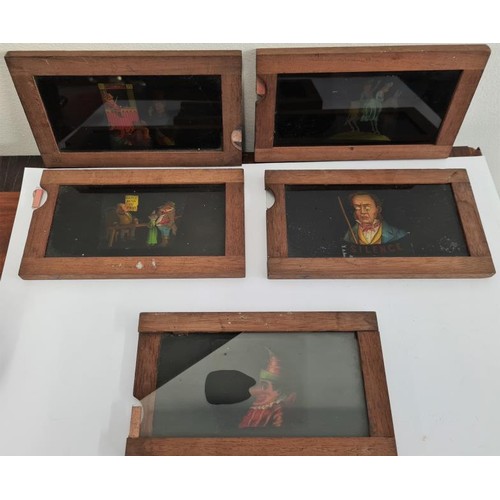 120 - Magic Lantern with a Collection of Slides. A group of 5 hand-painted magic lantern slip slides, all ... 