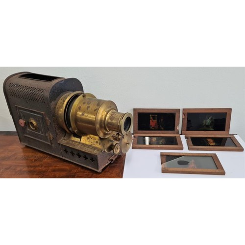 120 - Magic Lantern with a Collection of Slides. A group of 5 hand-painted magic lantern slip slides, all ... 