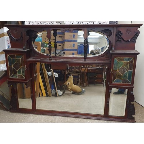 140 - Mahogany Overmantle Mirror with lead glass door cabinets and 4 Mirrors. c.65.5 x 45.5ins