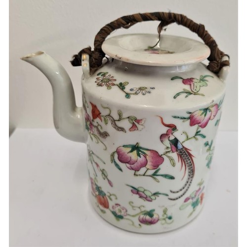 145 - Mid 1800s Lidded Chinese Teapot. Hand painted Famille Rose Family. Mythological Birds & Fruit. c... 