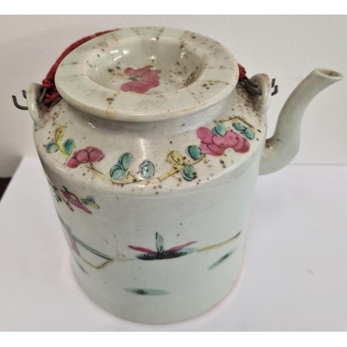 146 - Antique 19th Century China Hand Painted Famille Rose Porcelain Teapot, with lid and swing handle, c.... 