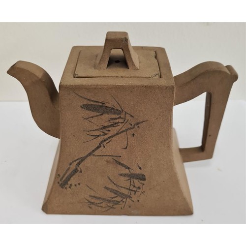 148 - Antique Chinese Terracotta Teapot of square outline with floral details. c.4.5in tall