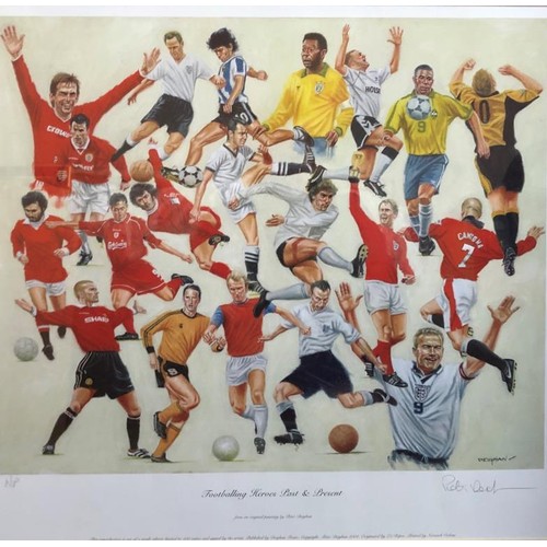 153 - Framed limited edition print of Football Heroes by Peter Deighan. c.26.5 x 25.5ins