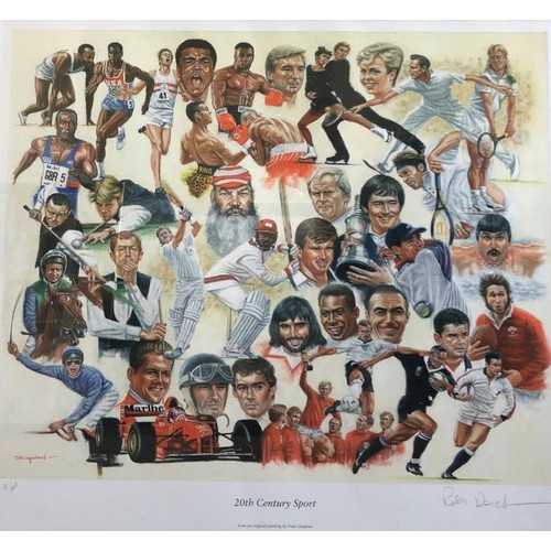 154 - Framed limited edition print of 20th century Sports Legends by Peter Deighan. c. 26.5 x 25ins... 