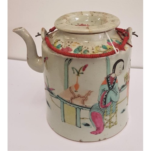 146 - Antique 19th Century China Hand Painted Famille Rose Porcelain Teapot, with lid and swing handle, c.... 