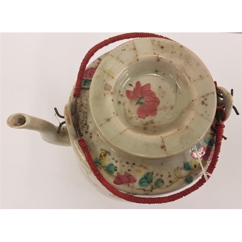 146 - Antique 19th Century China Hand Painted Famille Rose Porcelain Teapot, with lid and swing handle, c.... 