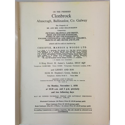 552 - Christies catalogue re sale of the contents of Clonbrock, Co Galway 1/3 November, 1976. Beautifully ... 