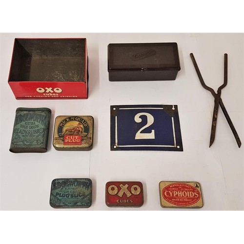 23 - Collection of Vintage Tobacco/Plug Tins (Mick McQuaid etc.), an enamel No.2 House Sign and a gofferi... 