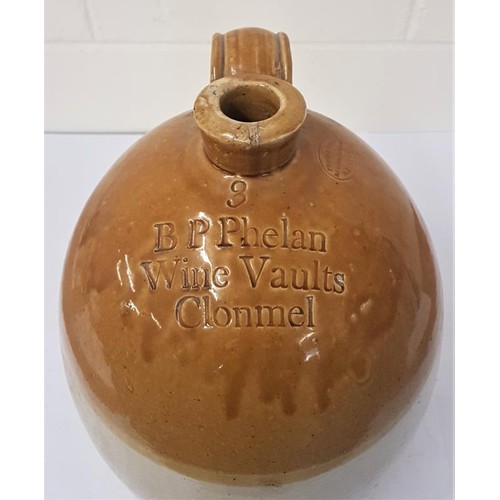 34 - B.P. Phelan, Wine Vaults, Clonmel, Two Tone, 3 Gallon Whiskey Jar with Handle, c.19in tall