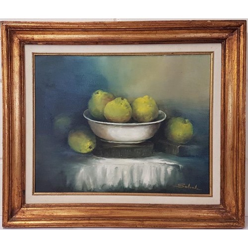 528 - Sabela (Isabel Dominguez Camara de Ronda) Original Oil on Canvas Still Life Study of Green Apples wi... 