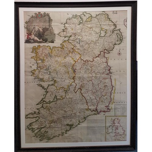 John Rocque's Map of the Kingdom of Ireland, divided into provinces, counties and baronies. Shewing the archbishopricks, bishopricks, cities, boroughs, market towns, villages, barracks, mountains, lakes, bays, rivers, bridges, ferries, passes, also the great, the branch & the by post roads together with the inland navigation, by J. Rocque, Chorographer to His Majesty. (London, printed for Robt. Sayer, opposite Fetter Lane, Fleet Street, 1790?). Framed size c.