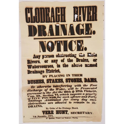 70 - Tipperary poster 1871; drainage notice for Clodagh river (tributary of the Suir), near Thurles. Quin... 