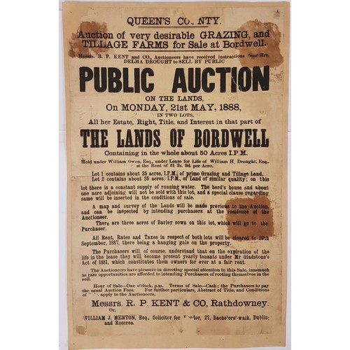 153 - Auction Poster: 50 acres at Bordwell, Queens County, 1888, Kent Rathdowney auctioneer, 30 cms x ... 