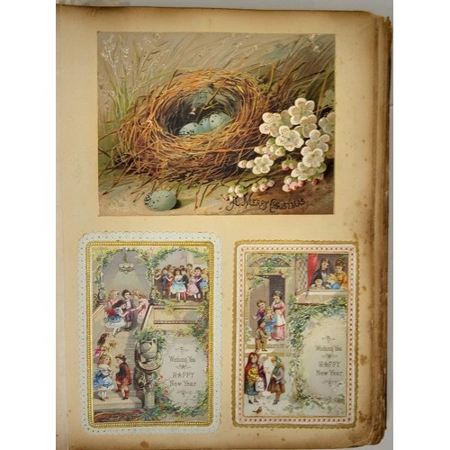 326 - 19th Century Greetings Card Album, 60+ pages of cards along with Our Boys At School by Frederic Weat... 