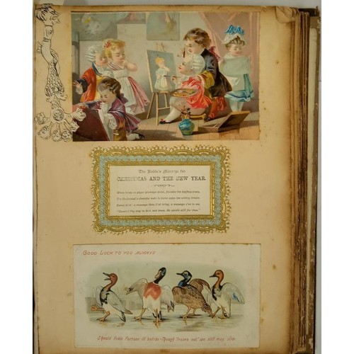 326 - 19th Century Greetings Card Album, 60+ pages of cards along with Our Boys At School by Frederic Weat... 