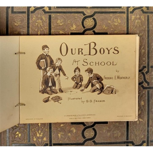 326 - 19th Century Greetings Card Album, 60+ pages of cards along with Our Boys At School by Frederic Weat... 