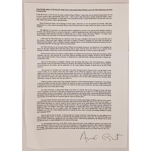 362 - Anne Enright - The Third Policeman and what it means to her. A single white A4 sheet with a essay co... 