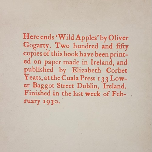 208 - Oliver St. John. Wild Apples. Cuala Press, Dublin,1930. Original linen over grey-blue mottled boards... 