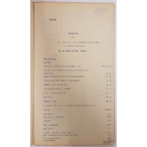 308 - Prospect Hall, Crecora, Co. Limerick. Valuation and Inventory of said property. Dated October 1923.