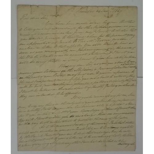 450 - Manuscript Letter dated January 1847, from Bishop M. Slattery, Thurles, Cashel Diocese to a newly or... 