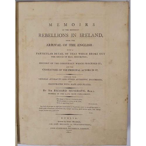 109 - Memoirs of the Different Rebellions in Ireland of 1798 by Richard Musgrave. Dublin, Marchbank. 1801.... 