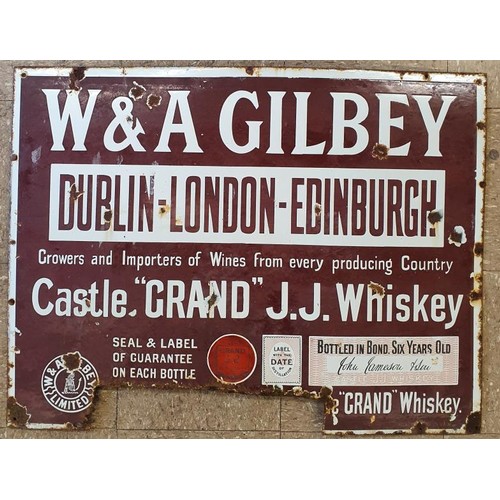 16 - W & A Gilbey, Dublin-London-Edinburgh, Castle Grand J.J. Whiskey, Enamel Advertising Sign - Orig... 