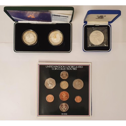 201 - 1999/2000 Royal Mint Millennium 2no. Silver Five Pounds Coins with Case, one with 22ct. gold spray; ... 