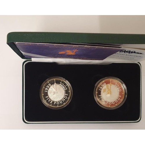 201 - 1999/2000 Royal Mint Millennium 2no. Silver Five Pounds Coins with Case, one with 22ct. gold spray; ... 