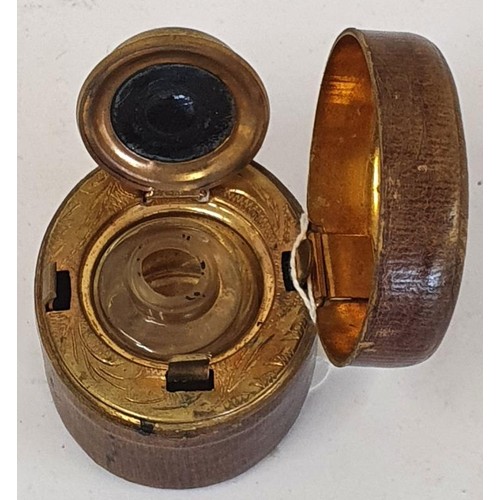 244 - Brass and Leather Cased Travelling Inkwell