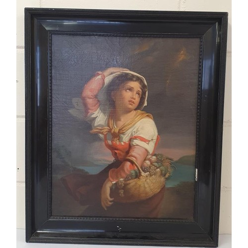 263 - Victorian Oil On Canvas Painting of a Young Lady Caught In A Storm Whilst Out Picking Fruit. Unsigne... 