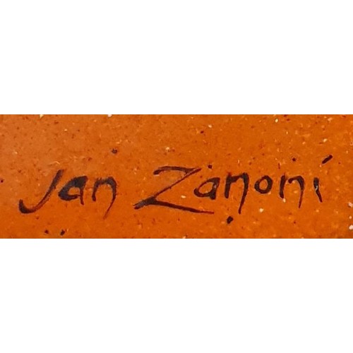 266 - Jan Zanomi: Two Enamels on two Ceramic Tiles mounted on a dark wooden backing.