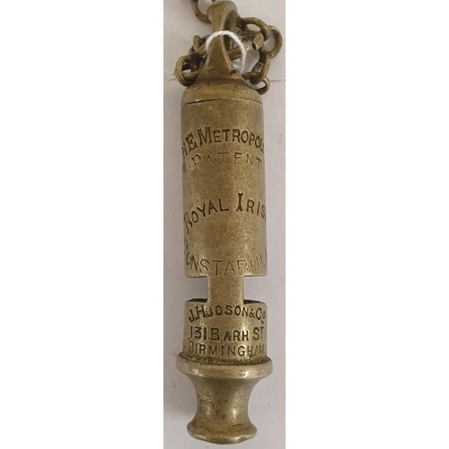 331 - Two Royal Irish Constabulary Police Whistles, The Metropolitan Patent by J Hudson & Co., 131 Bar... 