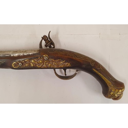 333 - c.1760 Flintlock Pistol with Decorated Brass Panels and Inlay, c.42.5cm long