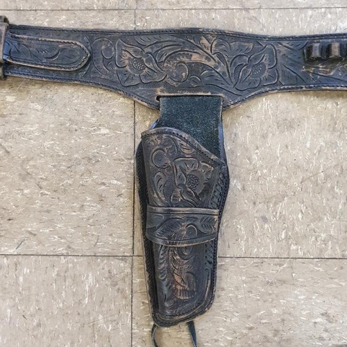 340 - Embossed Leather Cowboy Belt with Double Holsters