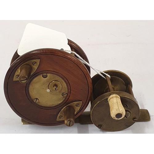 353 - Small Brass Fishing Reel with bone handle (1.75in) and a mahogany and brass mounted fishing reel (3i... 