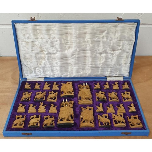 387 - Carved sandalwood chess set in original presentation display box. Made in India. Pieces are Indian s... 