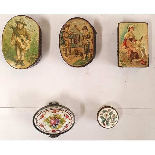 420 - Three Papier Mache Snuff Boxes and Two Porcelain Pill Boxes