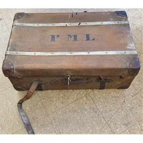 433 - Cunard White Star Lines - Vintage Brown Canvas and Metal Strapped Cabin/Steamer Trunk. Initialed P.M... 