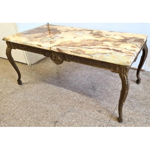 448 - Decorative Cast Brass and Marble Top Coffee Table, the multi-colour marble top with moulded edge on ... 