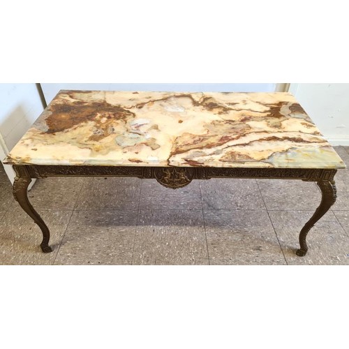 448 - Decorative Cast Brass and Marble Top Coffee Table, the multi-colour marble top with moulded edge on ... 