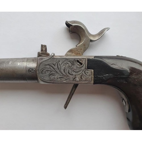 336 - 19th Century Belgian Pocket/Muff Pistol with Concealed Trigger and Musket Ball Trap. Barrel stamped ... 