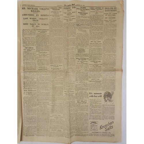 171 - Michael Collins Interest: Daily Mail Newspaper dated 24th August 1922. Articles and Photographs on t... 