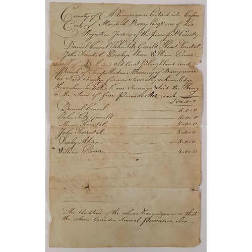 274 - [Cork 1798]. Manuscript Recognizances. County of Cork. Entered Before Standish Barry, Magistrate by ... 