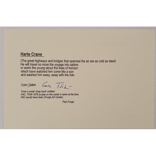 540 - Colm Toibin - Harte Crane, Poem printed on Stiff cream card. First published 1976 in [FACTION] magaz... 