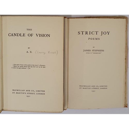 597 - A.E. The Candle of Vision. 1931. Original blue cloth, gilt title on spine and James Stephens. Strict... 