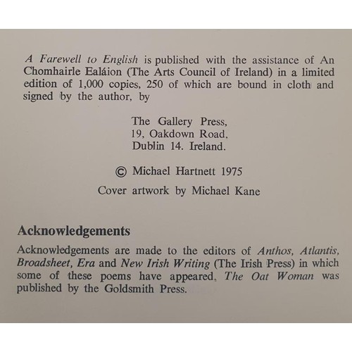 599 - Michael Hartnett; A Farewell to English, SIGNED limited edition, one of 250, cover artwork SIGNED by... 