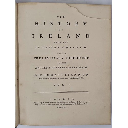 114 - Leland, Thos. History of Ireland from the reign of Henry 11. 1773. 3 vols. Large 4to. Maroon calf Re... 