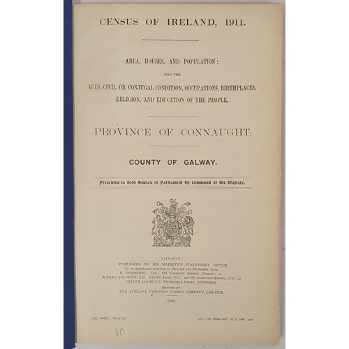 126 - Census of Ireland. 1911. County Galway, Province of Connaught. Folio. Blue wrappers with printed lab... 