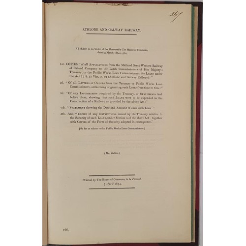 68 - Athlone and Galway Railway. Return to the House of Commons.1854. large format. specially bound in at... 