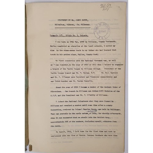 263 - Transcript of a Statement by Mr James Hayes given to the Bureau of Military History 1913-21. Documen... 